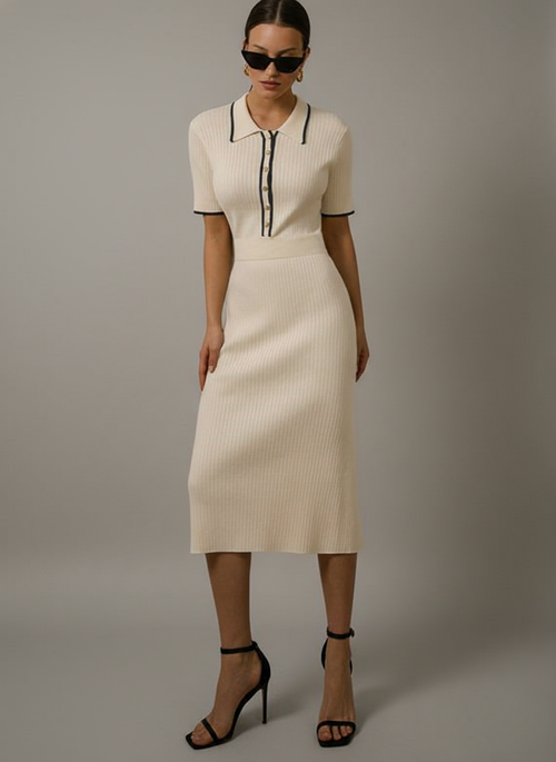 Marie women's knit midi dress in beige with contrast collar, front view