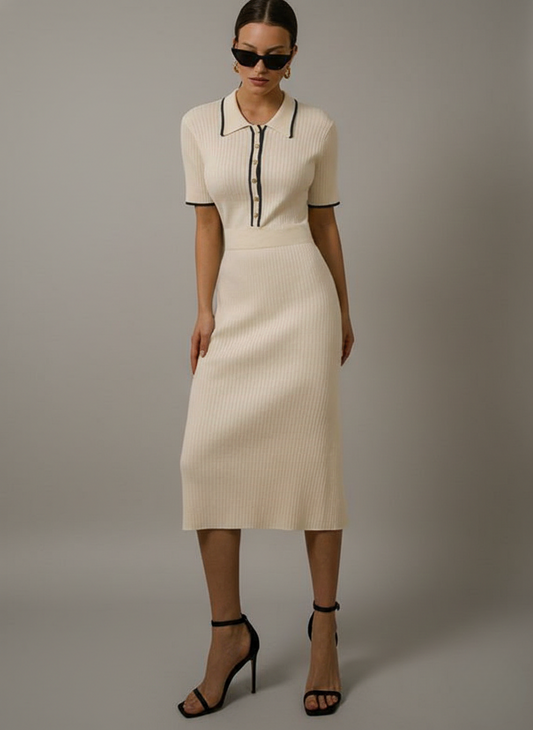 Marie women's knit midi dress in beige with contrast collar, front view