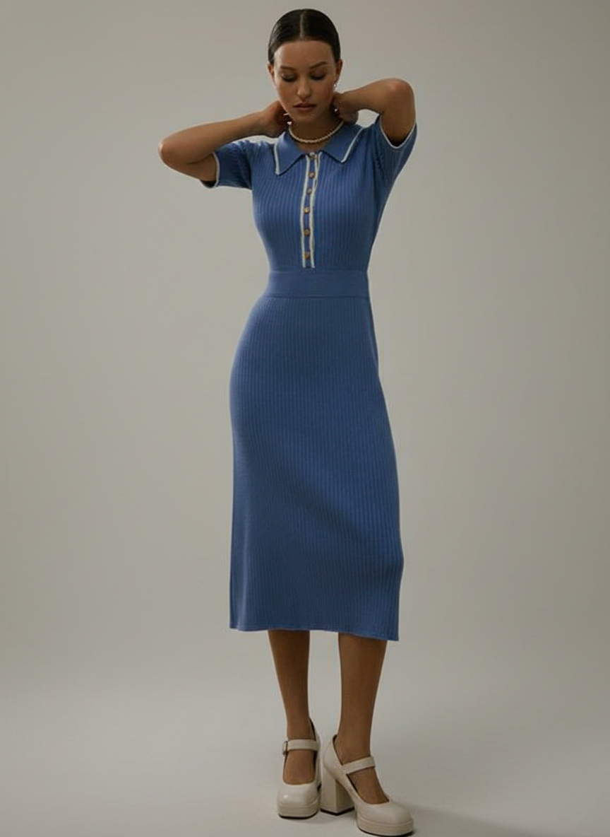 Marie knit midi dress in blue with polo collar and buttons, front view