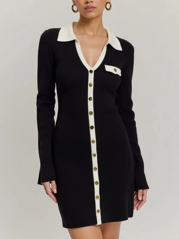 Violet women's knit mini dress in black B with white collar and gold buttons