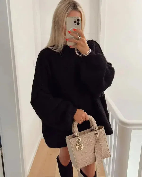 Molly knit mock neck sweater mini dress in black, front mirror view on model