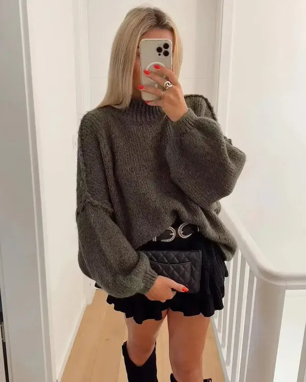Molly knit mock neck sweater mini dress in gray, front mirror view on model