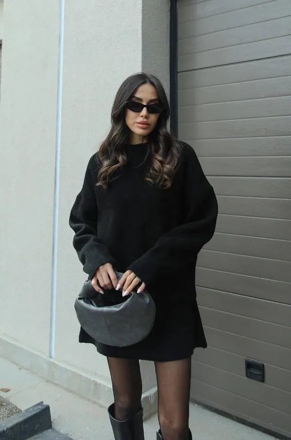 Danijela women's knitted sweater and skirt set in black, front view on model