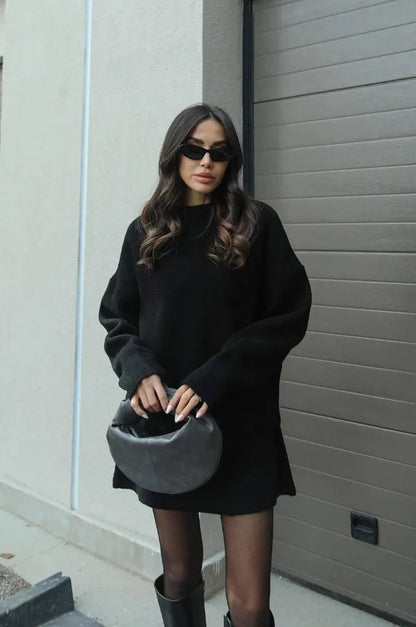 Danijela women's knitted sweater and skirt set in black, front view on model