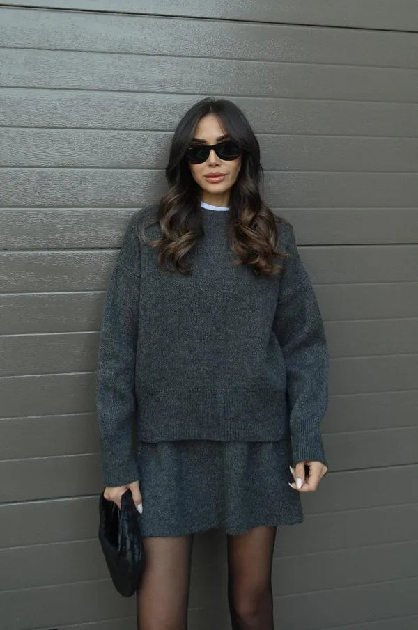 Danijela women's knitted sweater and skirt set in gray, front view on model