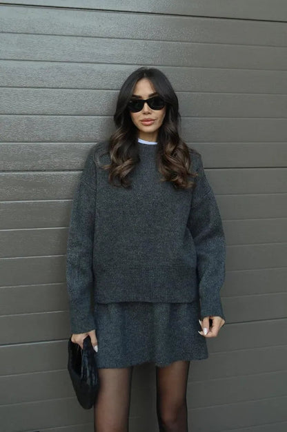 Danijela women's knitted sweater and skirt set in gray, front view on model