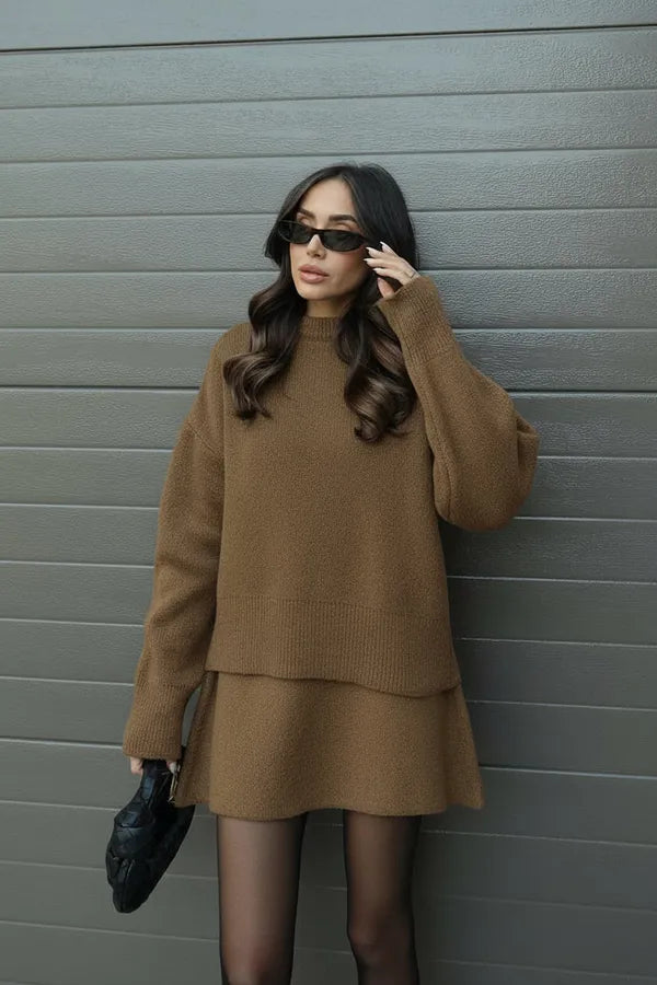 Danijela women's knitted sweater and skirt set in khaki camel, front view