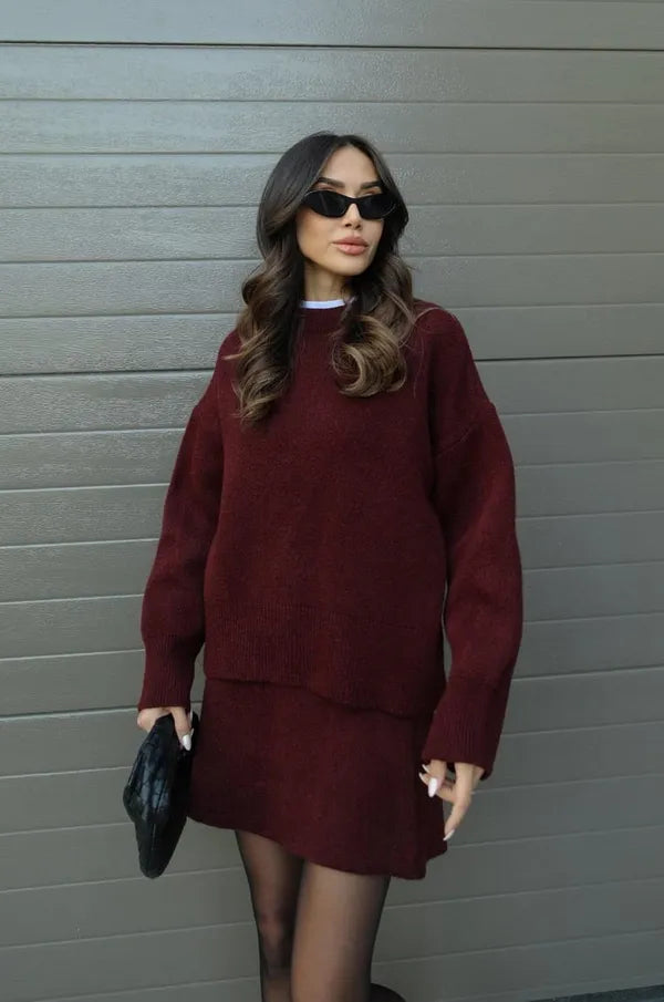 Danijela women's knitted sweater and skirt set in wine red, front view on model
