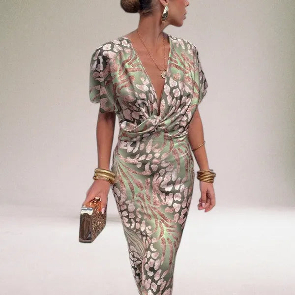 Close-up of the multicolor Heather knot front midi dress bodice knot