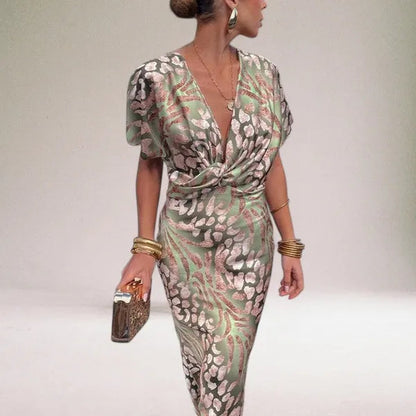 Close-up of the multicolor Heather knot front midi dress bodice knot