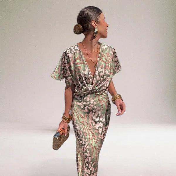 Side view of the multicolor Heather knot front midi dress with V neckline