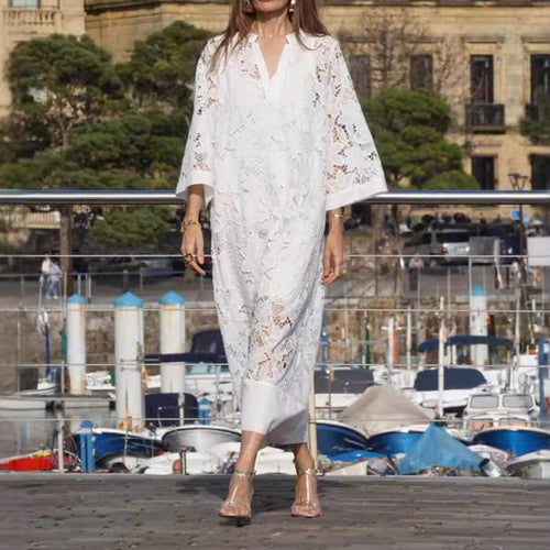 Janica white lace caftan maxi dress, full front view with V neckline and wide sleeves