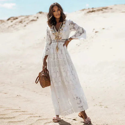 White Elodie lace long sleeve maxi dress, full-length front view with V neckline