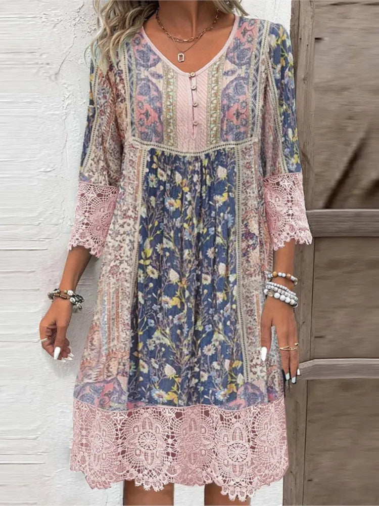 Fabienne women's lace trim midi dress in pink, front view with boho print