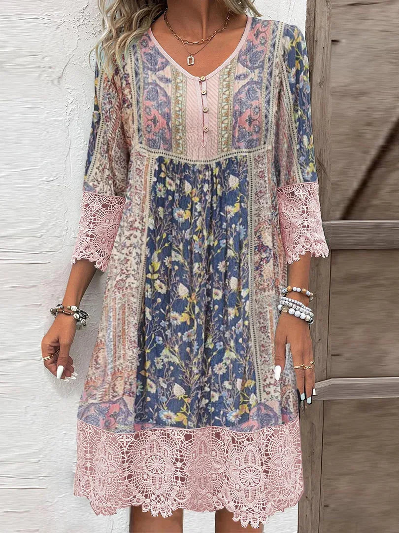 Pink Fabienne lace trim midi dress with three-quarter sleeves, front view