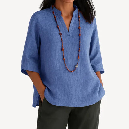 Women's Linen 3/4 Sleeve V Neck Blouse in Blue, front view with bead necklace – Yvaine