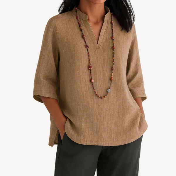 Women's Linen 3/4 Sleeve V Neck Blouse in Brown, front view on model – Yvaine