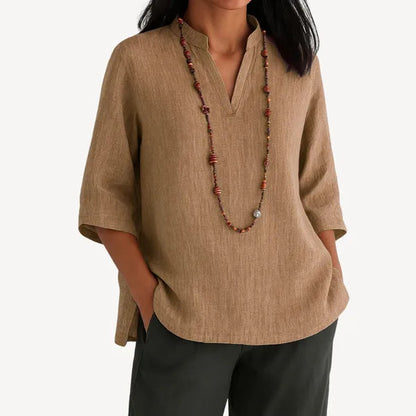 Women's Linen 3/4 Sleeve V Neck Blouse in Brown, front view on model – Yvaine