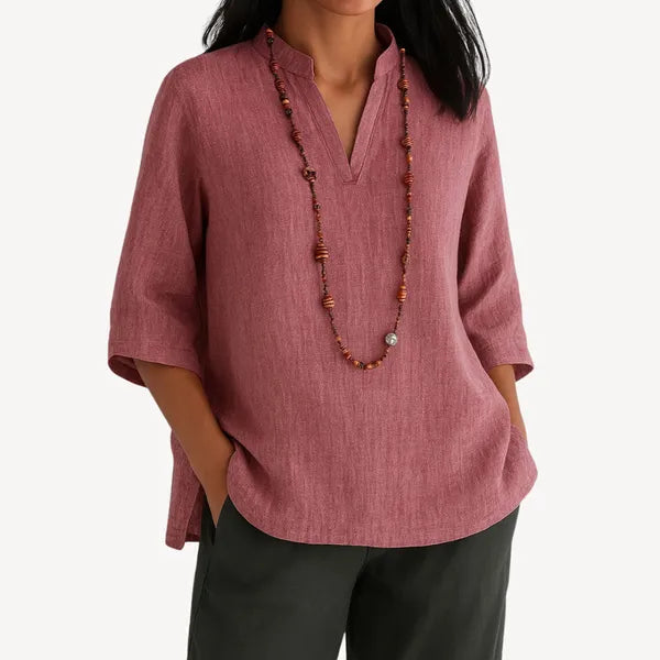 Women's Linen 3/4 Sleeve V Neck Blouse in Pink, front view of the V neckline – Yvaine