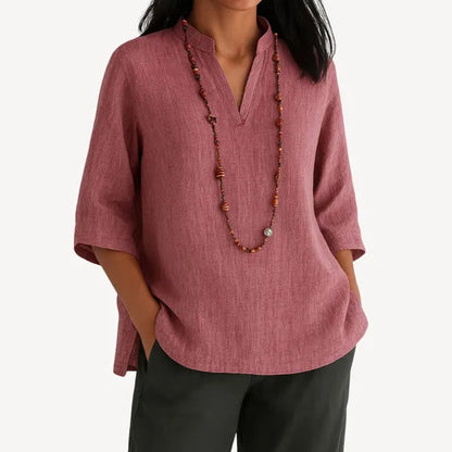 Women's Linen 3/4 Sleeve V Neck Blouse in Pink, front view of the V neckline – Yvaine