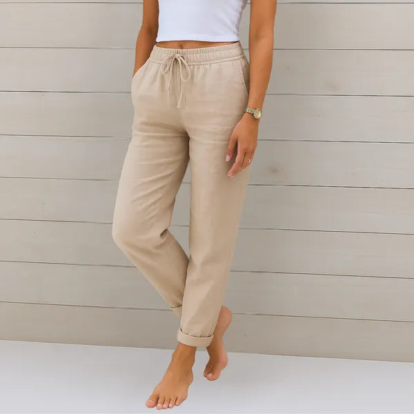 Beige Cotton-Linen Daily Lounge Pants front view with drawstring waist and cuffed hem
