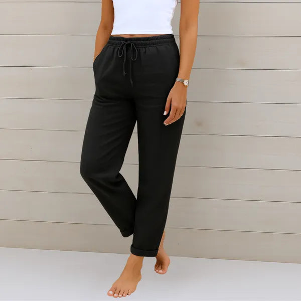 Black Cotton-Linen Daily Lounge Pants front view with relaxed leg and side pockets