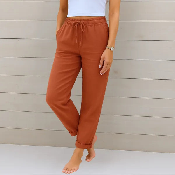 Rust Brown-Red Cotton-Linen Lounge Pants front view with tie waist and cuffed ankle