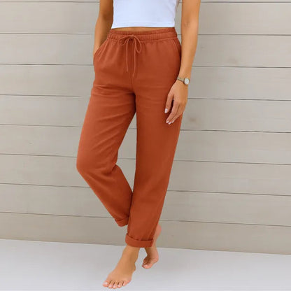 Rust Brown-Red Cotton-Linen Lounge Pants front view with tie waist and cuffed ankle
