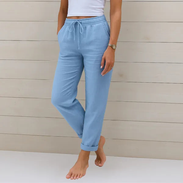 Light Blue Cotton-Linen Lounge Pants front view with tie waist and tapered leg