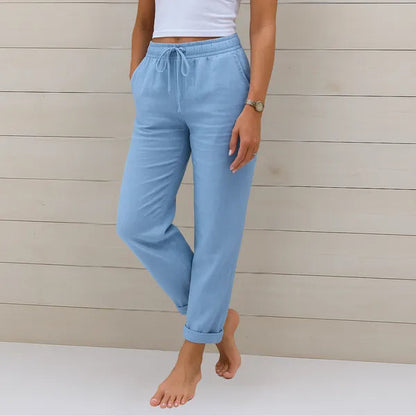 Light Blue Cotton-Linen Lounge Pants front view with tie waist and tapered leg