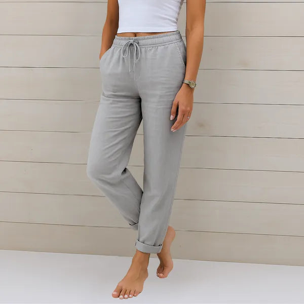 Light Gray Cotton-Linen Lounge Pants front view with elastic drawstring waistband