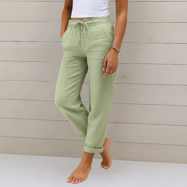 Light Green Cotton-Linen Lounge Pants front view with soft drape and rolled cuff
