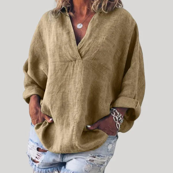 Women's Linen Long Sleeve Blouse in Brown, front view on model with jeans – Solène
