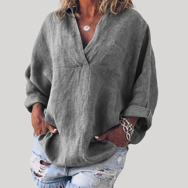 Women's Linen Long Sleeve Blouse in Gray, front view showing the loose fit – Solène