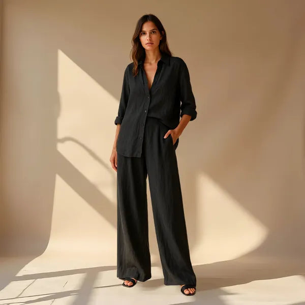 Hedda women's black linen shirt and wide leg trousers set, front view on model