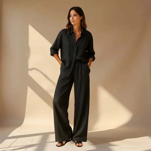 Hedda black linen set, model with hands in pockets, full-length front view