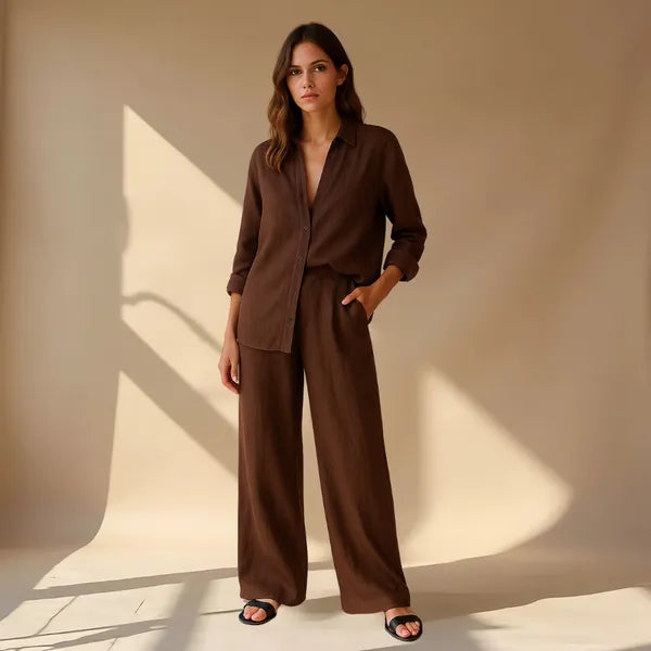 Hedda women's brown linen shirt and wide leg trousers set, front view on model