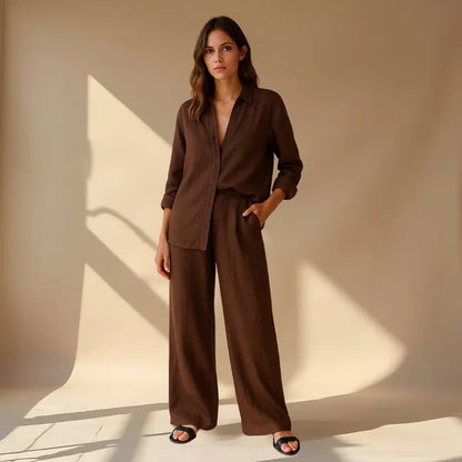 Hedda women's brown linen shirt and wide leg trousers set, front view on model