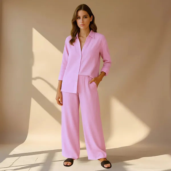 Hedda women's pink linen shirt and wide leg trousers set, front view on model