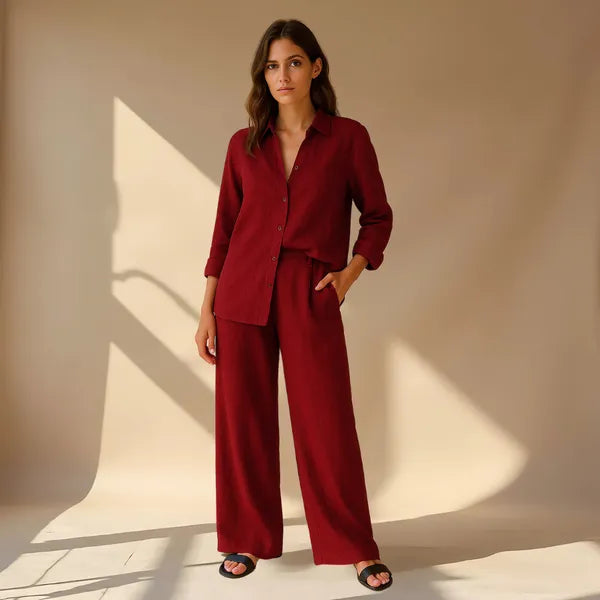 Hedda women's red linen shirt and wide leg trousers set, front view on model