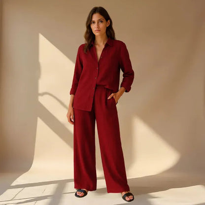 Hedda women's red linen shirt and wide leg trousers set, front view on model