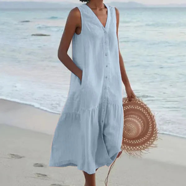 Giovanna women's linen sleeveless midi shirt dress in blue, beach front view