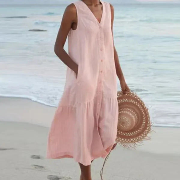 Giovanna linen sleeveless midi shirt dress in pink with tiered hem, front