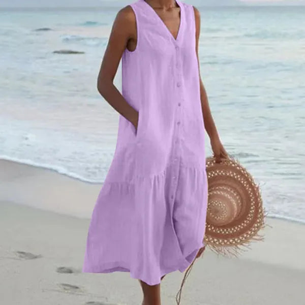 Giovanna linen sleeveless midi shirt dress in purple, beach front view