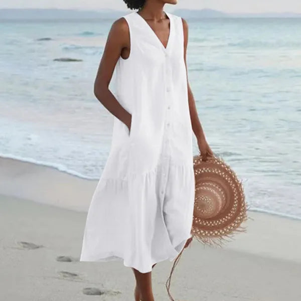Giovanna linen sleeveless midi shirt dress in white with button front, front