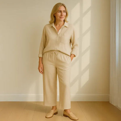Floriana women's linen wide leg outfit set in beige, front view on model