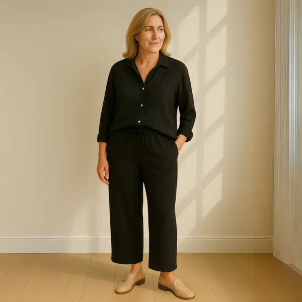 Floriana women's linen wide leg outfit set in black, front view on model