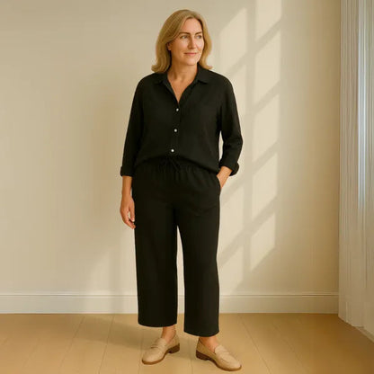 Floriana women's linen wide leg outfit set in black, front view on model