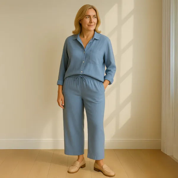 Floriana women's linen wide leg outfit set in blue, front view on model