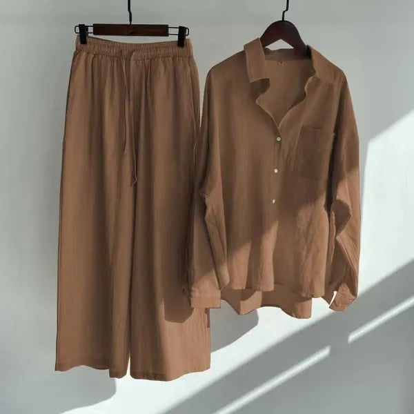 Floriana brown linen shirt and wide leg trousers set displayed on hangers